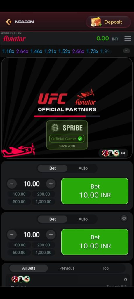 IND3 Game Aviator game interface with betting options