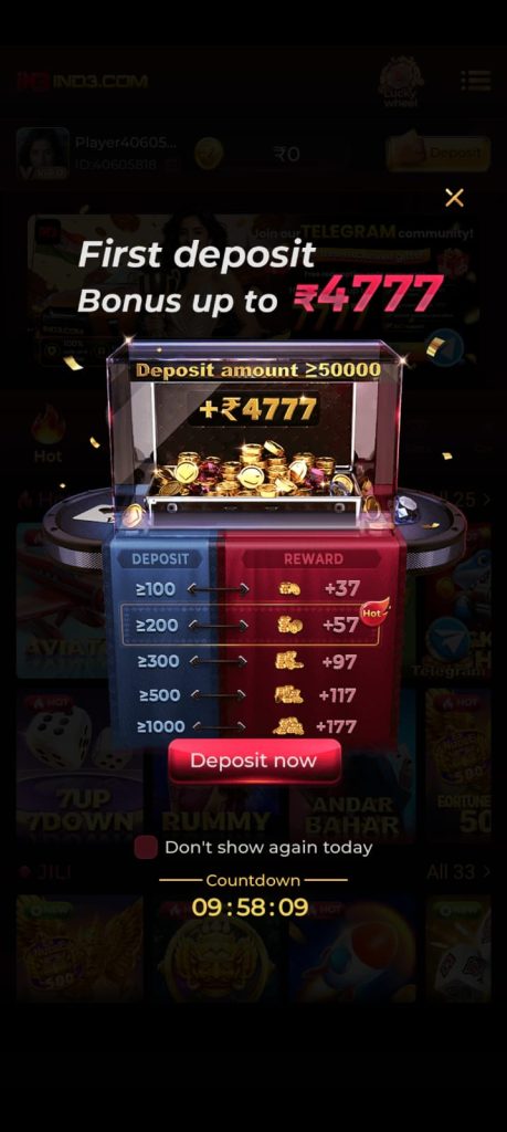 IND3 Game first deposit bonus promotion screen